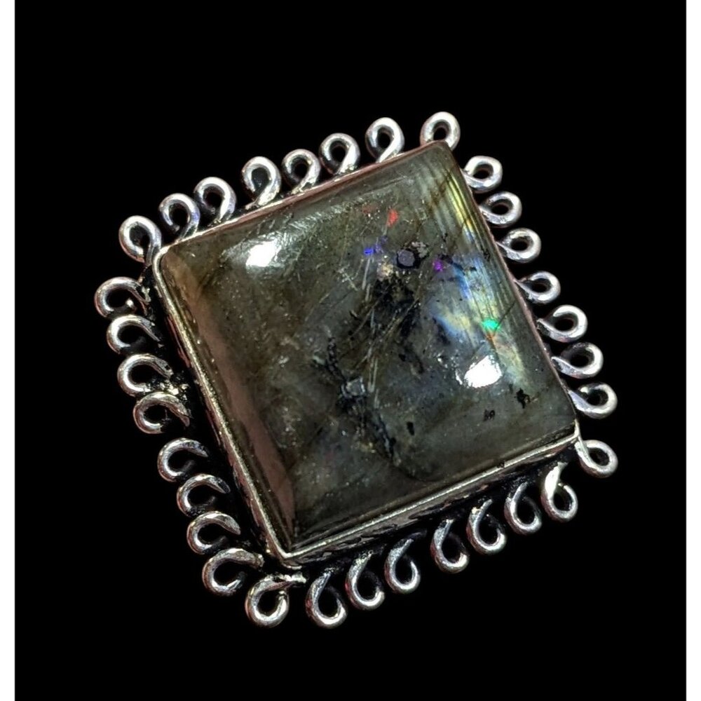 Whimsical Labradorite Square Cut Sterling Silver Ring Size 10
